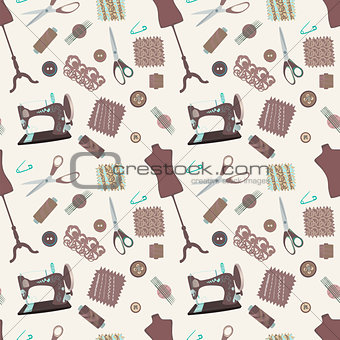 Retro seamless pattern with sewing accessories, sewing tailor and mannequins