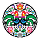 Polish floral embroidery with roosters - traditional folk pattern