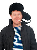 Russian man in winter fur cap 