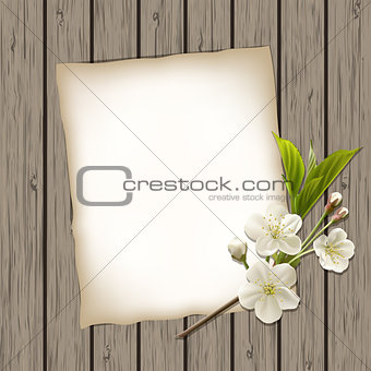 Blank paper with blossoming cherry branch on wooden background.