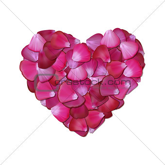 Pink heart of petals on white background.