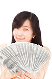smiling woman holding the money