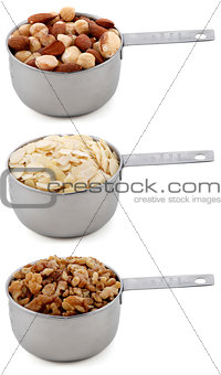 Whole hazelnuts, flaked almonds and chopped walnuts in cup measu