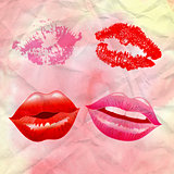 Lipstick kisses on watercolor background