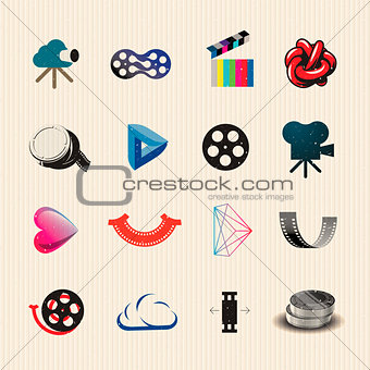 Colorful movie icons set, vector Eps10 illustration.