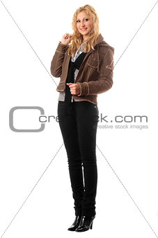 Smiling young blonde in a black pants