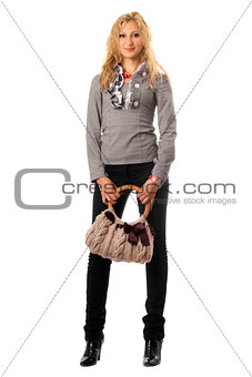 Playful young blonde with a handbag