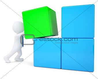 3d white man collects large cube of blocks