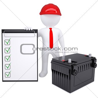 3d white man next to the car battery
