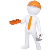 3d white man in helmet holding brick and trowel