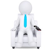 3d white man sitting in chair with remote control