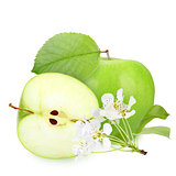 Green apples with leaf and flowers