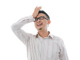 asian chinese male having headache with isolated white backgroun