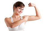 Woman Poiting at her Bicep