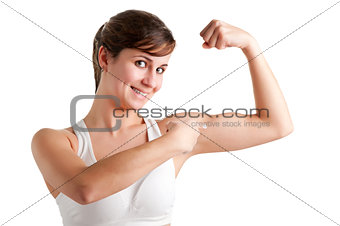 Woman Poiting at her Bicep