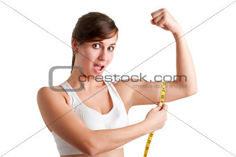 Shocked Woman measuring her Biceps