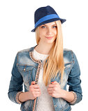 Portrait of young woman in blue hat