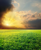 sunset in dramatic sky over green field