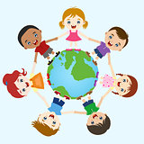 Multicultural children hand in hand on earth