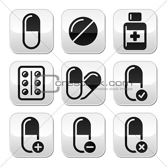 Pills, medication  vector buttons set