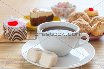  Close up tea and various tasty dessert