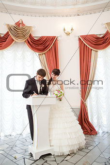bride and groom signing a wedding document