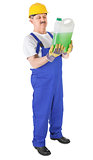 manual worker with green liquid