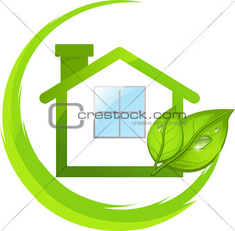 Green logo of eco house with leafs
