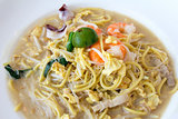 Hokkien Fry Noodles with Prawns and Squids Closeup