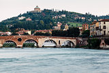 View of Adige River and Saint Peter Bridge in Verona, Veneto, It