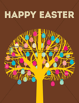 Yellow Happy Easter tree greeting card with eggs in warm colours. Vector Illustration