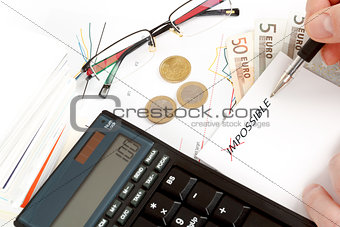changing impossible word to possible, calculator, charts, pen in hand, money, workplace businessman