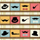 Retro background with film strips, mustaches hats and pipes