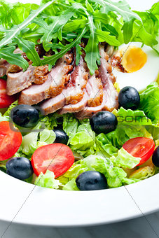vegetable salad with fried duck breast slices and egg