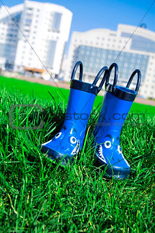 dark blue child rubber boots on a grass in a spring day