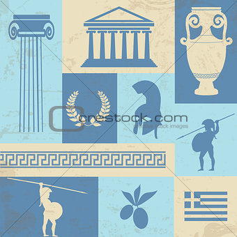 Greece symbols and landmarks on retro poster