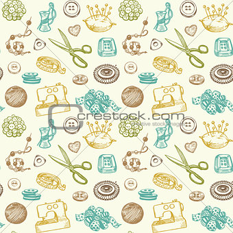 Sewing And Needlework Doodles Seamless Pattern Vector