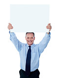 Businessman holding a blank billboard over the head