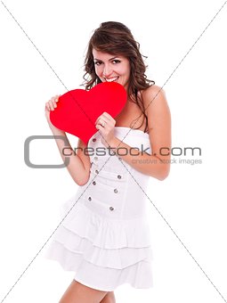 Happy woman with red heart