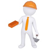 3d white man in helmet holding brick and trowel