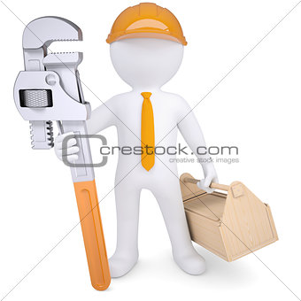 3d man in helmet with pipe wrench and tool box