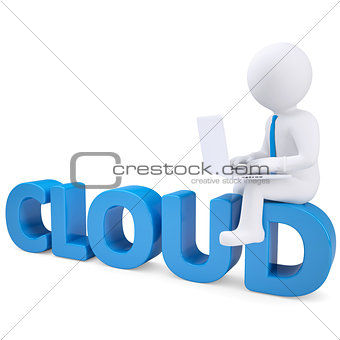 3d white man with laptop sitting on the word cloud