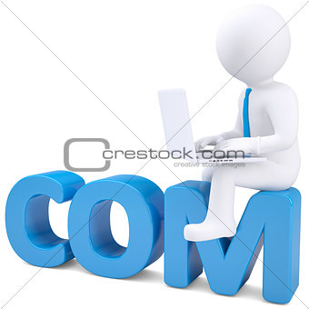 3d white man with laptop sitting on the word COM