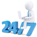 3d man with laptop sitting on the numbers 24/7