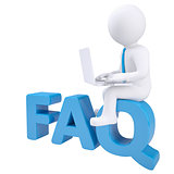 3d white man with laptop sitting on the word FAQ