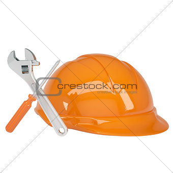 Helmet, wrench and a screwdriver