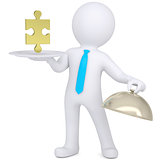 3d man holding plate with gold puzzle