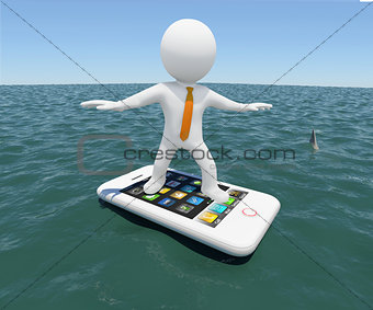 3d man floating on smartphone in the sea