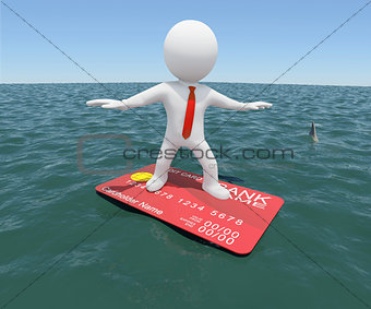 3d man floating on credit card in the sea
