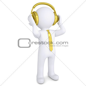 3d white man with the golden headphones